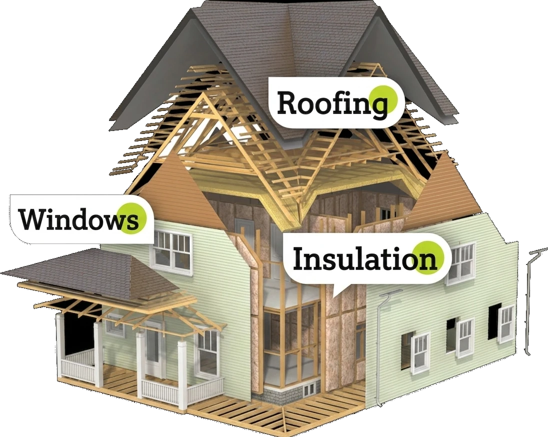 Cutaway house illustration highlighting roofing, windows, and insulation work