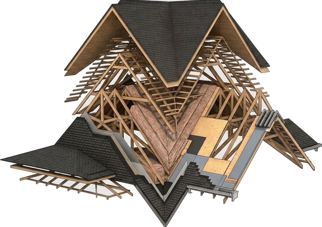 Cutaway house illustration highlighting roofing, windows, and insulation work